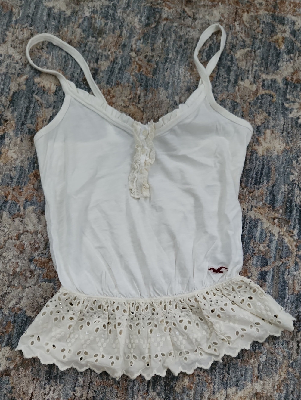 Hollister Cream-White Eyelet Peplum Cami with Lace Trim